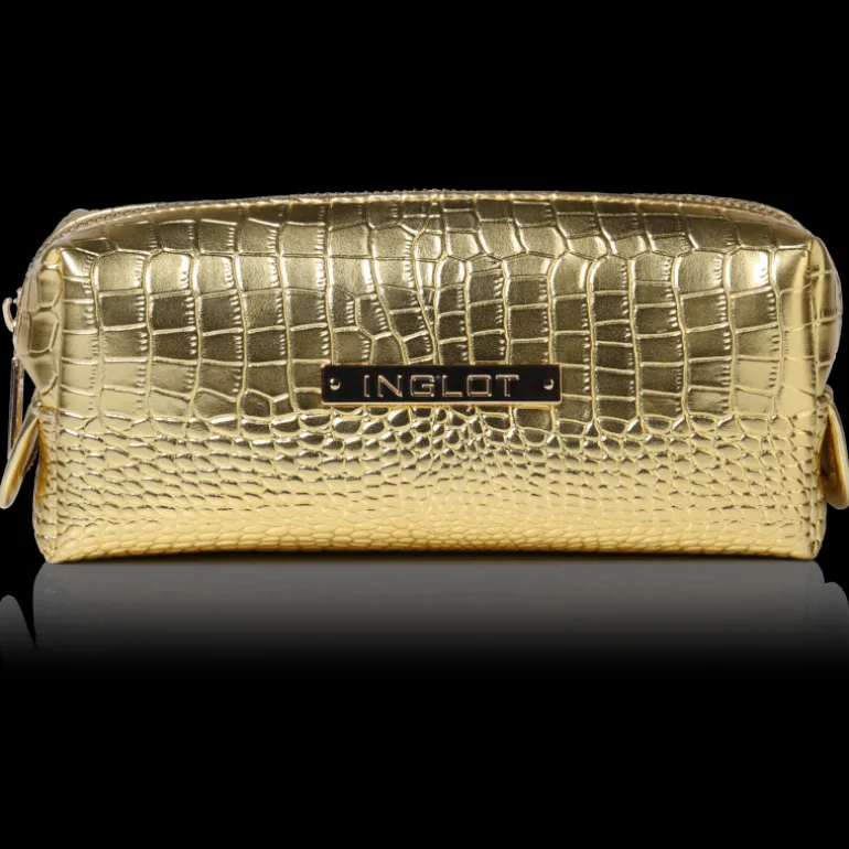 Cosmetic Bag Crocodile Leather Pattern Gold Small